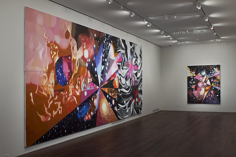 Installation of James Rosenquist, "Multiverse You Are, I Am" exhibition at Acquavella Galleries, September 10 - October 13, 2012. Left to right: "Geometry of Fire", "Sand of the Cosmic Desert in Every Direction"