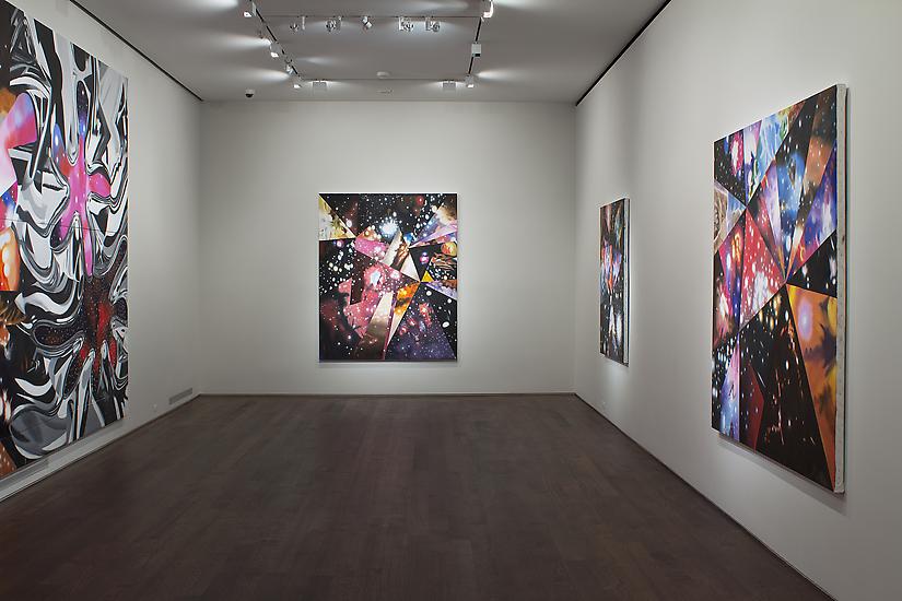 Installation of James Rosenquist, "Multiverse You Are, I Am" exhibition at Acquavella Galleries, September 10 - October 13, 2012. Left to right: "Geometry of Fire", "Sand of the Cosmic Desert in Every Direction", "Parallel Worlds", "Super Mega Universes"