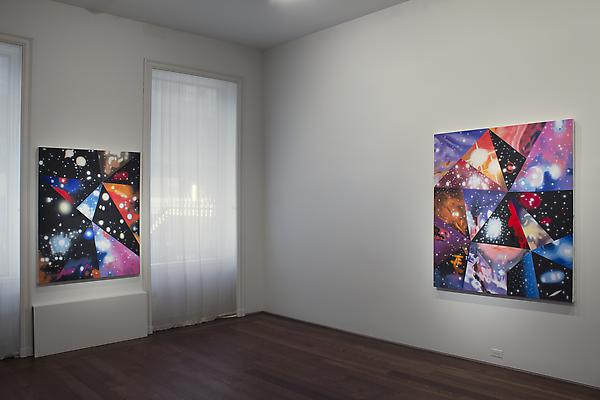 Installation of James Rosenquist, "Multiverse You Are, I Am" exhibition at Acquavella Galleries, September 10 - October 13, 2012. Left to right: "Alternative Realities", "Alternative Universe" Image