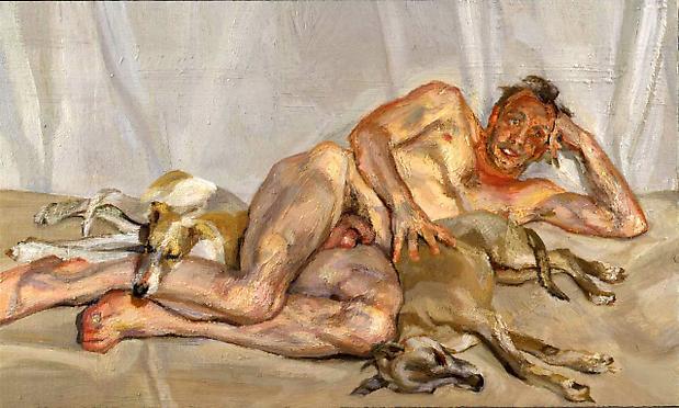 Lucian Freud, "David, Pluto and Eli"
2001, Oil on canvas
10 1/8 x 16 1/2 inches Image