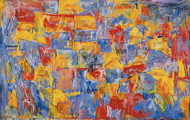 Jasper Johns, "Map," 1961. Oil on canvas, 78 x 123 1/8 inches. The Museum of Modern Art, New York.  Gift of Mr. and Mrs. Robert C. Scull, 1963. Digital Image © The Museum of Modern Art / Licensed by SCALA / Art Resource, NY / Art © Jasper Johns / Licensed by VAGA, New York, NY Image