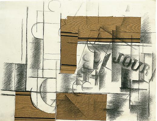 Glass, Bottle and Newspaper
1912
Charcoal and faux-bois wallpaper
on paper
18 ⅞ x 24 ⅜ inches (48 x 62 cm)
Fondation Beyeler, Riehen/Basel
Photo: Robert Bayer, Basel
© 2011 Artists Rights Society (ARS), New York / ADAGP, Paris Image