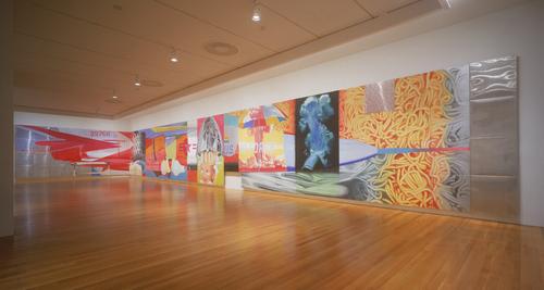 James Rosenquist's "F-111" at the Museum of Modern Art, New York.
1964-65. Oil on canvas with aluminum, twenty-three sections, 10 x 86' (304.8 x 2621.3 cm). Gift of Mr. and Mrs. Alex L. Hillman and Lillie P. Bliss Bequest (both by exchange). © 2011 James Rosenquist/Licensed by VAGA, New York, NY Image