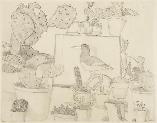 Lucian Freud, "Cacti and Stuffed Bird"
1943
Pencil and colored crayon on paper
16 3/4 x 21 1/2 inches (42.6 x 54.6 cm)
Acquavella Galleries
© The Lucian Freud Archive Image
