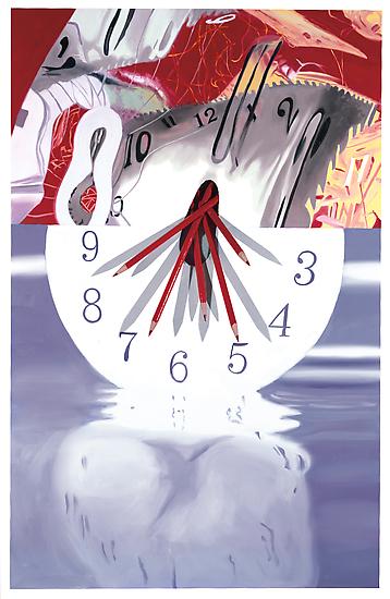 James Rosenquist, "The Hole in the Center of the Clock: Time Keeper"
2008
Oil on canvas with wooden dowels
84 x 54 x 9 inches (213 x 137 x 23 cm)