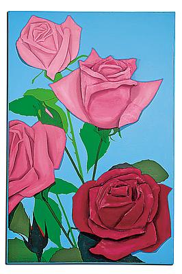 Marjorie Strider, "Red' Roses", 1962. Carved wood over Masonite panel painted over with acrylic, 63 x 41 7/8 x 7 inches. Courtesy of Hollis Taggart Galleries. Image