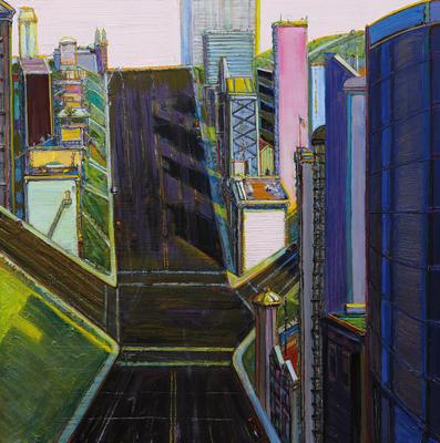 Wayne Thiebaud, "Intersection Buildings," 2000-2014, oil on canvas, 48 x 48 inches (121.9 x 121.9 cm), Art (c) Wayne Thiebaud / Licensed by VAGA, New York, NY Image