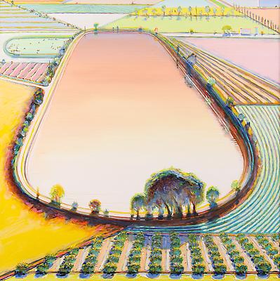 Wayne Thiebaud, "Reservoir and Orchard," 2001, oil on canvas, 40 x 40 inches (101.6 x 101.6 cm), Collection of Wayne and Betty Jean Thiebaud. Art (c) Wayne Thiebaud / Licensed by VAGA, New York, NY Image