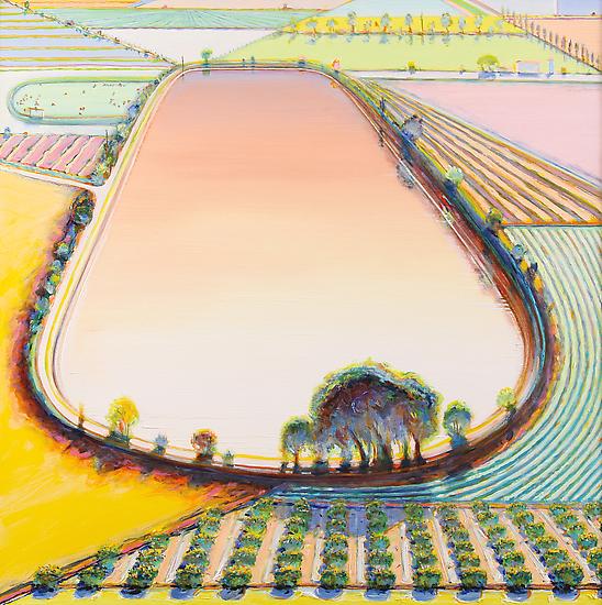 Wayne Thiebaud, "Reservoir and Orchard," 2001, oil on canvas, 40 x 40 inches (101.6 x 101.6 cm), Collection of Wayne and Betty Jean Thiebaud. Art (c) Wayne Thiebaud / Licensed by VAGA, New York, NY