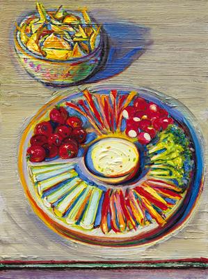 Wayne Thiebaud, "Vegetables & Chips," 2010-2014, oil on board, 16 x 12 inches (40.6 x 30.5 cm), Art (c) Wayne Thiebaud / Licensed by VAGA, New York, NY Image