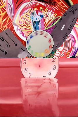 James Rosenquist, "Time Stops but the Clock Disappears," 2008
Oil on canvas with motorized painted mirror (spinning)
84 x 56 x 5 1/2 inches Image