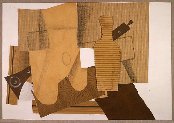 Georges Braque, "Bouteille et Instruments de Musique"
1918, Crayon, charcoal and white chalk on collaged paper and corrugated cardboard on primed board
20 7/8 inches x 29 3/4 inches Image