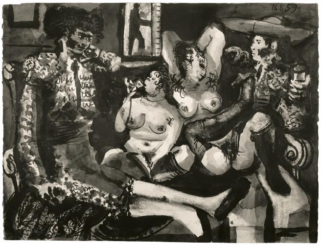 Pablo Picasso, "Courtisanes et Toreros," August 16-17, 1959
Pen, brush and India ink on paper, 19 3/4 x 25 5/8 inches