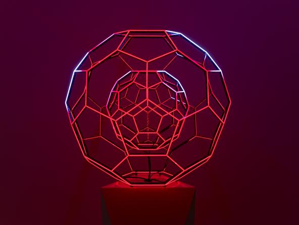 Buckyball, 2014
LEDs, custom software, electrical hardware
36 x 36 x 36 inches
Edition of 3