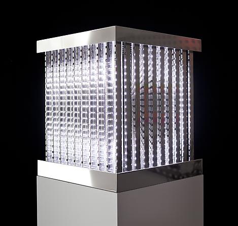 Cube, 2011
White LEDs, mirror finished stainless steel, custom software, electrical hardware
24 x 20 1/2 x 21 1/4 inches 
Edition of 3