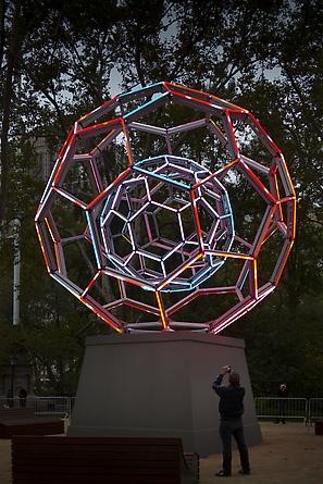 Buckyball, 2012
LEDs, custom software, electrical hardware, metal armature, sculptural base
360 x 240 x 240 inches
Unique
Installation: Madison Square Park, New York, NY