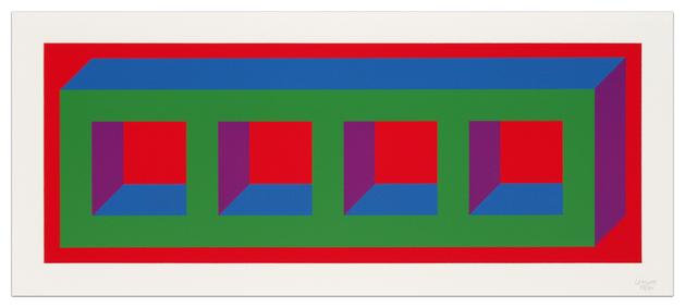 SOL LEWITT
Four Color Isometric Figure-A (Green, Blue, Purple, Red), 2002
Linocut
10 1/4 x 25 3/8 inches
Framed: 14 1/2 x 28 inches
#49/60
SGI3038