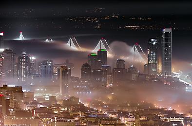 Leo Villareal LED-Decked Bay Bridge In The Fog