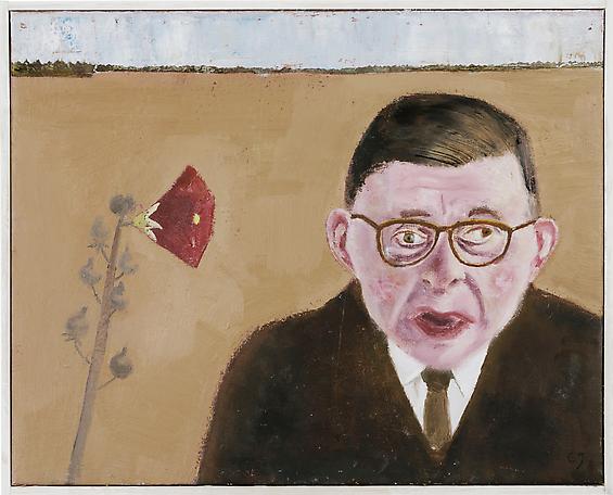 Järn och magnesium. En man som är påfallande lik Jean-Paul Sartre - till stor del beroende på en likartad skelningsproblematik - passerar säsongens sista stockros.
2013 
oil on canvas
44 x 54 cm