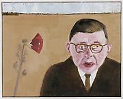 Järn och magnesium. En man som är påfallande lik Jean-Paul Sartre - till stor del beroende på en likartad skelningsproblematik - passerar säsongens sista stockros.
2013 
oil on canvas
44 x 54 cm